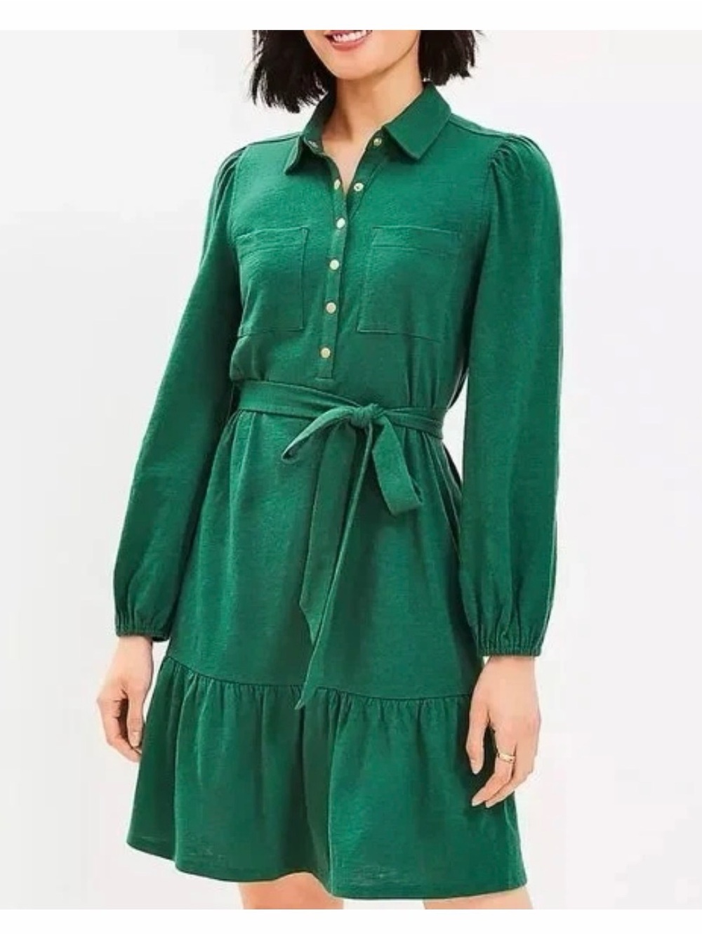 Loft Flounced Pocket Ruffle Shirtdress Green S